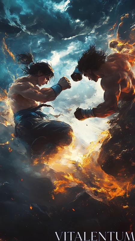 Elemental martial duel amid turbulent fire-cloud vortexes.