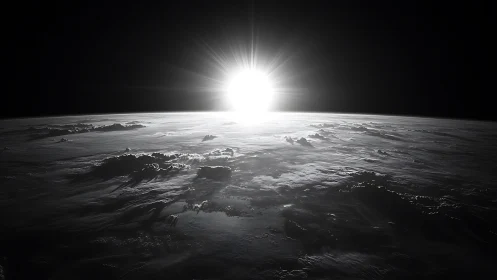 Solar horizon bursts over cloud-laced planetary surface.