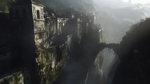 Ancient cliffside fortress spans misty ravine with stone bridge