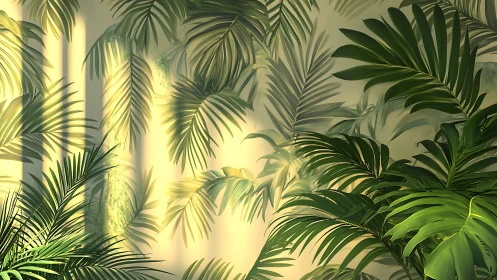 Tropical palm foliage with sunlight casting layered shadows.