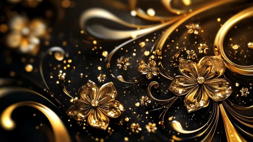 Golden floral swirls glow over deep black abstract field.