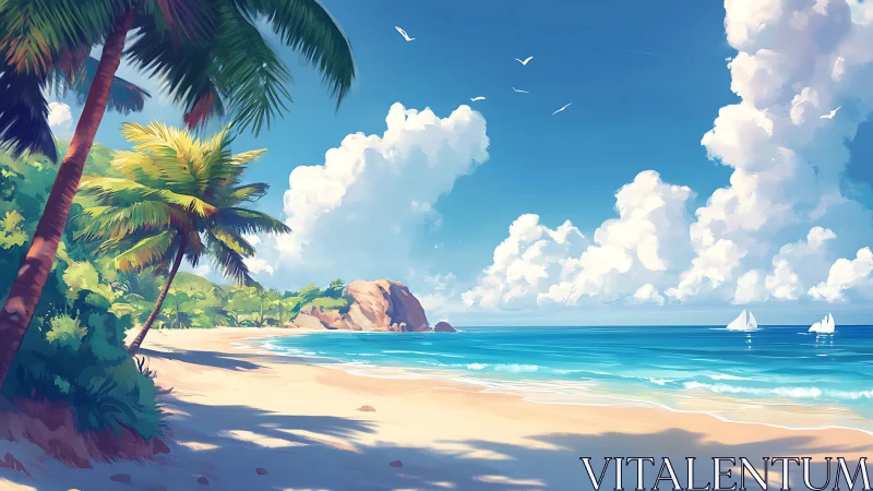 Tropical beach scene with palm trees, sailboats, clouds