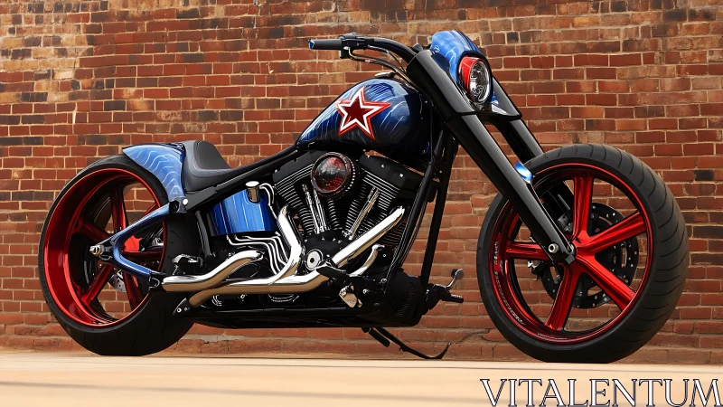 Custom low-rider chopper with star livery against brick wall.