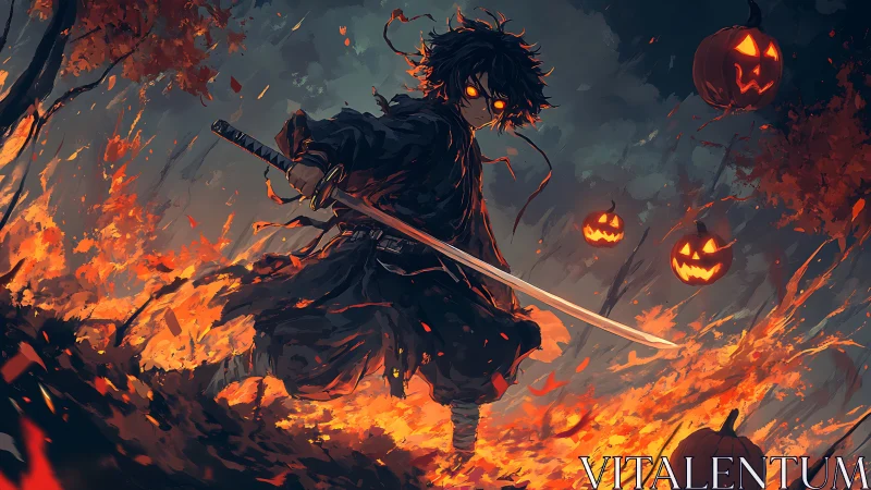 Sword-wielding dark figure amid fire and floating pumpkins.