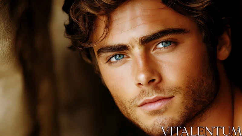 Intense blue-eyed male portrait in warm cinematic light.