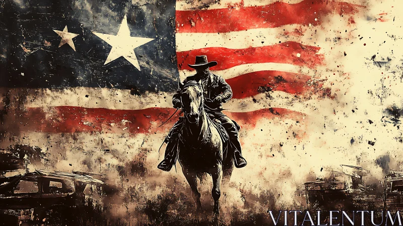 Lone cowboy rides before distressed American flag backdrop.