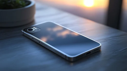 Sleek smartphone reflects soft sunset light on desk surface.