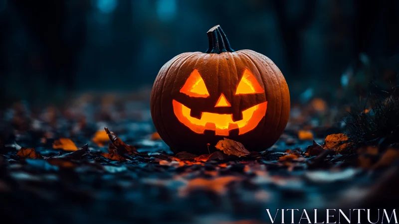 Glowing jack-o-lantern smiles warmly on a misty forest path