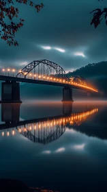Steel truss bridge with lights reflected on calm river surface.