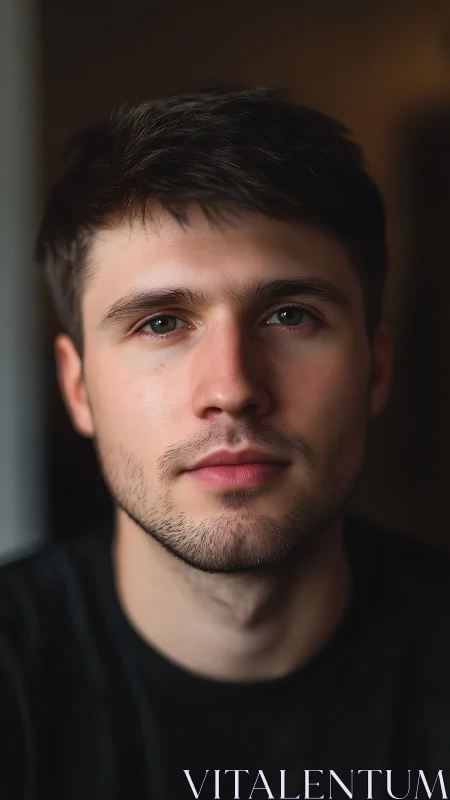 Close-up portrait of young man in soft indoor lighting.