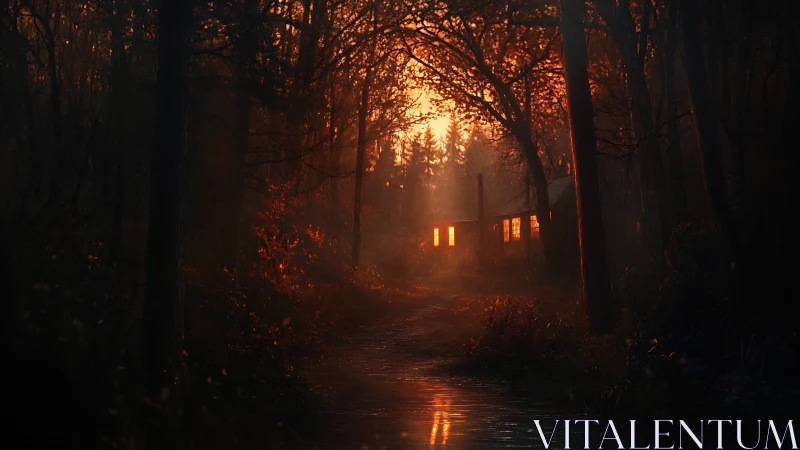 Forest path leading to illuminated cabin at dusk lighted scene.
