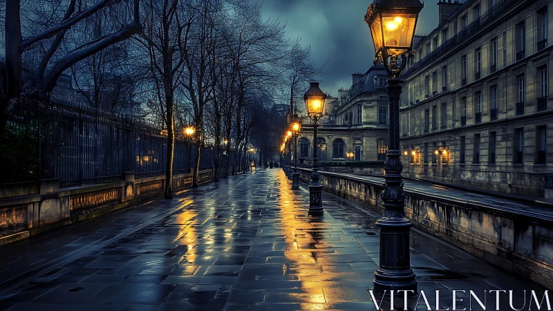 Rain-soaked city promenade glows under moody night lamplight