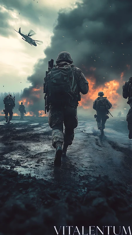 Storm-darkened battlefield shows soldiers moving toward fire