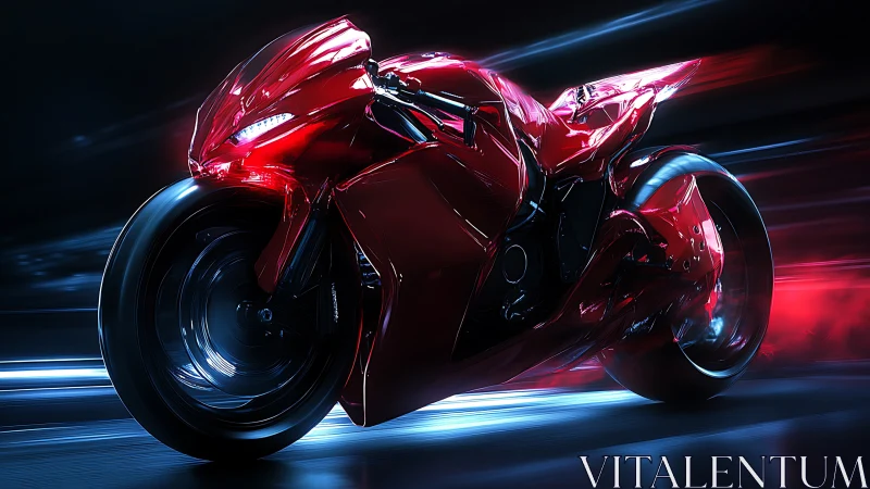 Futuristic red superbike slices through neon tunnel night