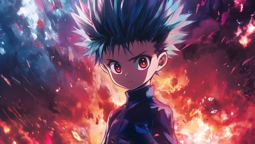 Fierce young anime hero stands strong in swirling cosmic fire