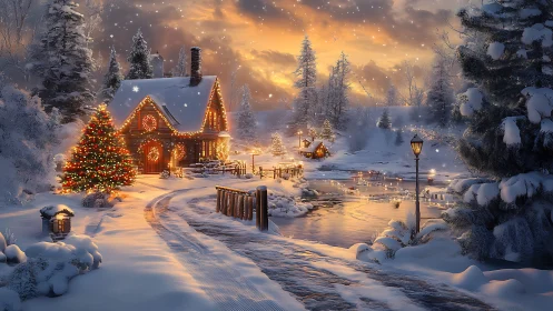 Cozy winter cottage glowing beside a peaceful snowy river.