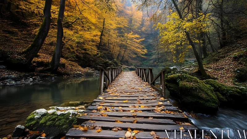 Wooden plank bridge over misty autumn forest river gorge