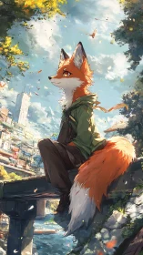 Anthropomorphic fox sits on bridge edge over urban river
