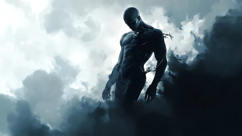 Shadowborn titan emerging from swirling storm clouds.