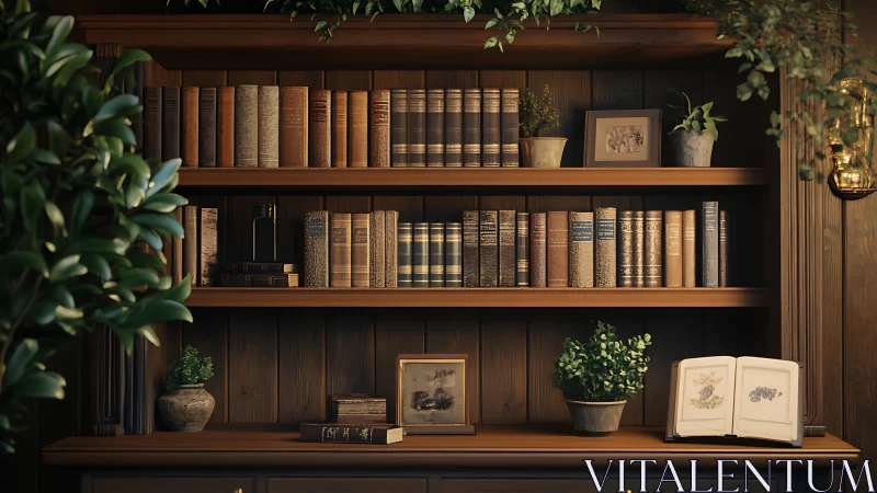 Warm-toned wooden bookshelf with vintage books and botanical decor