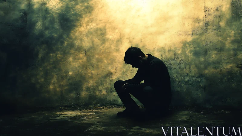 Silhouetted figure crouches alone in moody golden light.