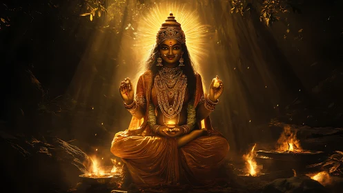 Radiant four-armed goddess in forest shrine with ritual fires