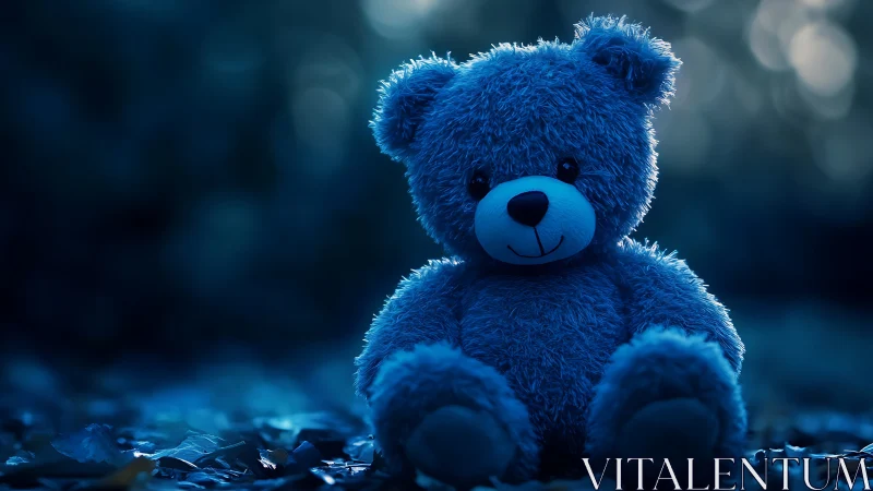 Low-key blue plush teddy bear on ground with bokeh background.