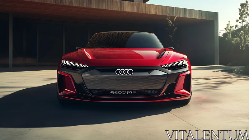 Red performance coupe front view in hard directional light.