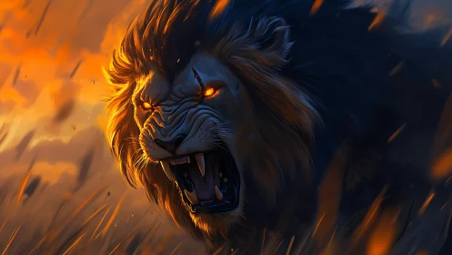 Fiery-eyed lion roaring boldly through glowing twilight.
