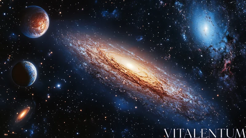 Spiral galaxy with nearby planets in dense star field.