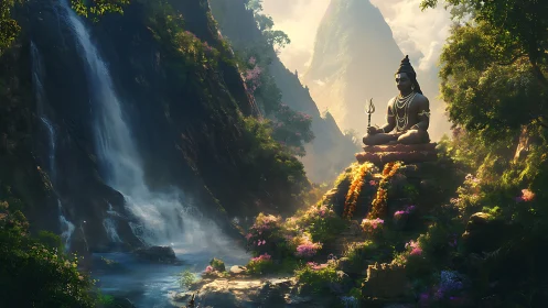 Mountain valley waterfall frames large seated statue in forest