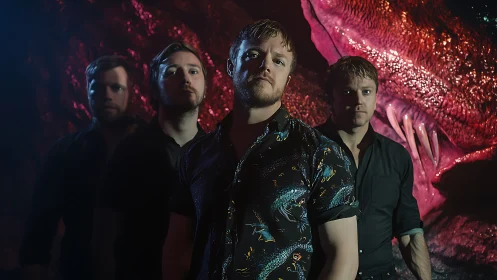 Indie rock band portrait under neon reptile backdrop.