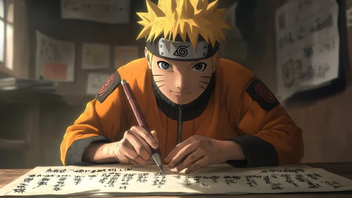 Blond ninja studies scroll under warm focused window light.