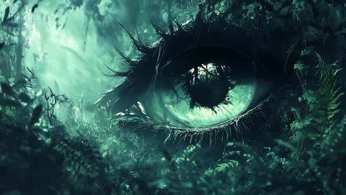 Emerald forest eye emerging from dense misted foliage.