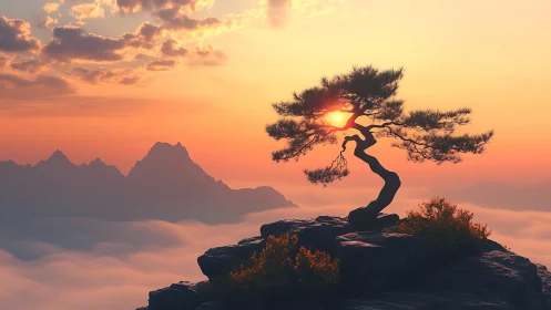 Solitary windswept pine silhouettes sun over misted mountains