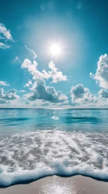 Bright midday sun over turquoise shoreline and soft surf