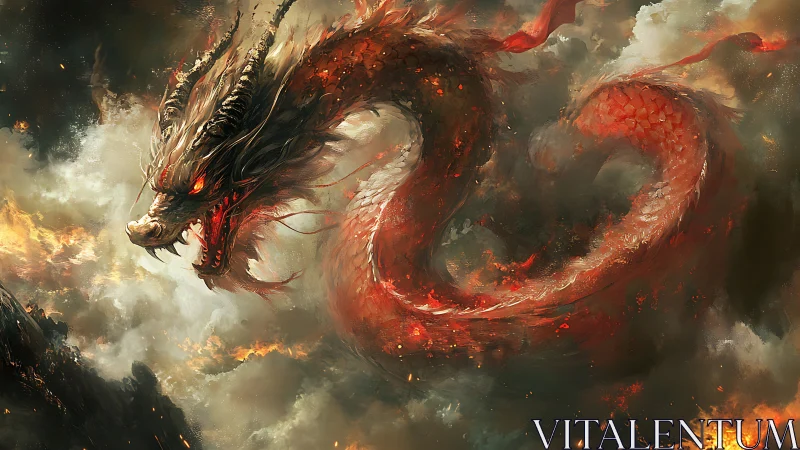 Fiery red dragon serpent coiling through stormy smoke.