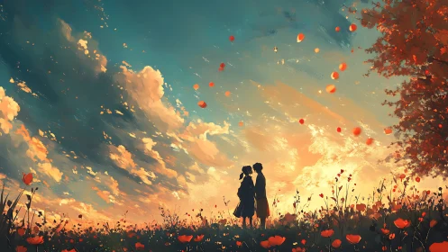 Silhouetted couple in poppy field under luminous sunset sky