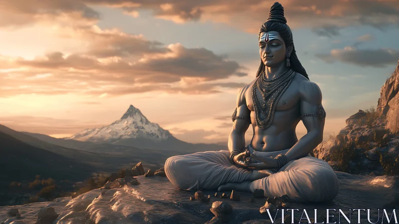 Lord Shiva meditating on a rocky mountain at sunset.
