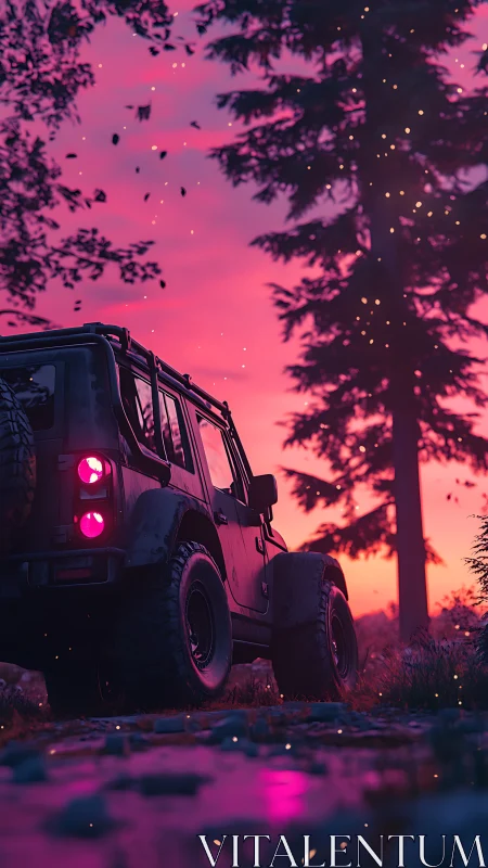 Off-road jeep under vivid pink sunset forest sky.
