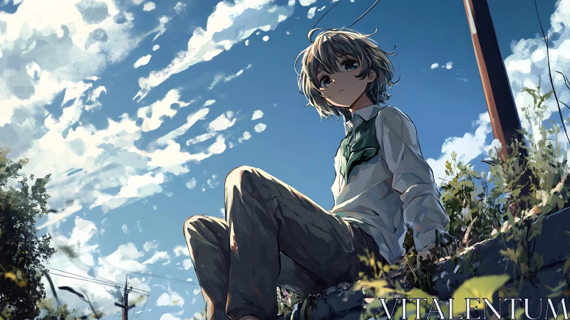 Solitary anime student under vivid summer sky at dusk.