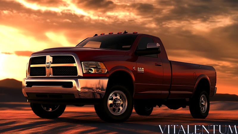 Red pickup truck dominates desert highway at sunset glow.