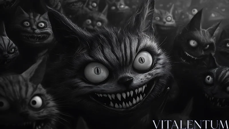 Menacing Grin: Black and White Horror Cat Creatures Emerge From Darkness