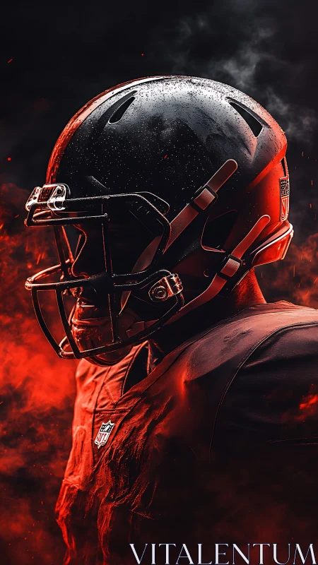 American football player stands in fiery cinematic spotlight