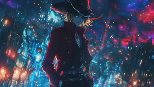 Midnight gunslinger strolls through neon-soaked dream cityscape