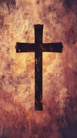 Weathered crucifix silhouette on textured ochre painted wall