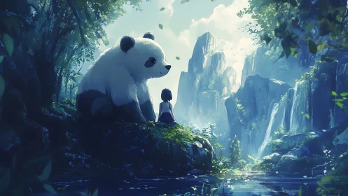 Panda guardian and girl share a mossy waterfall morning.