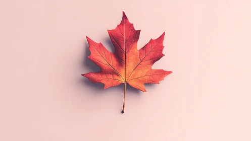 Single red maple leaf on pastel surface, soft directional light
