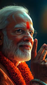 Elderly man in saffron attire with tilak and garland.