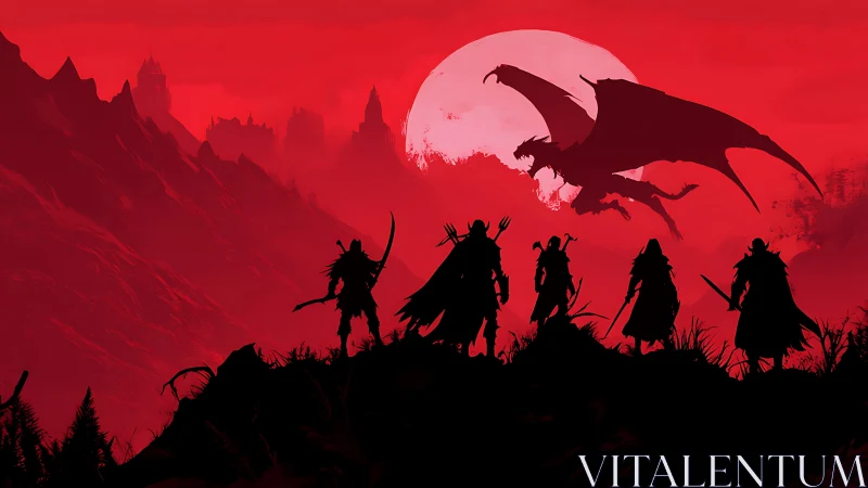 Silhouetted warriors confront flying dragon before red moon